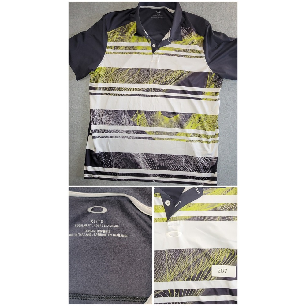 Oakley Mens XL Regular Fit Polo Shirt Graphic Stripe Neon Yellow Gray CA35460